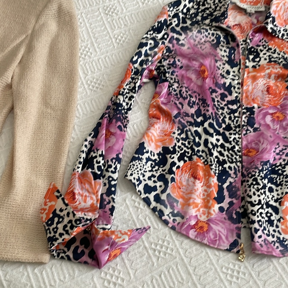 ST. JOHN silk floral leopard print blouse roses peony - Picture 14 of 17